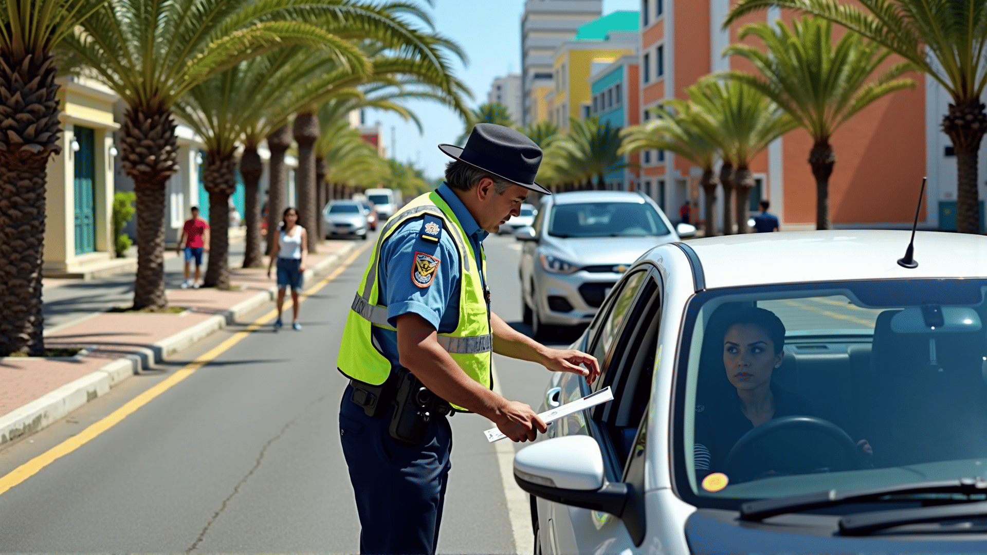 Policial inspecionando veículos